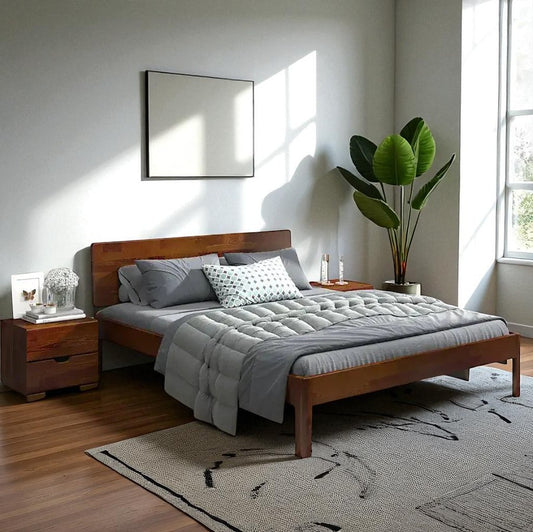 Solid Wood King Size Bed In Brown Teak Finish