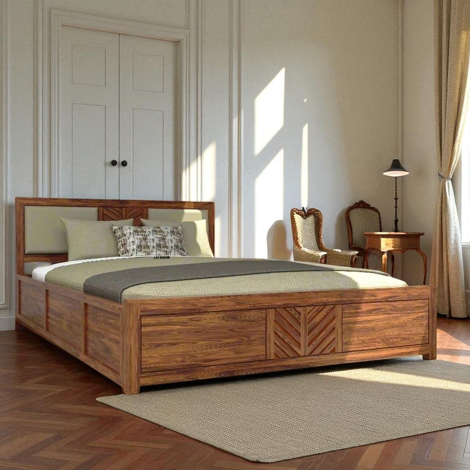 Radhe V Shape King Size Bed With Box Storage In Provincial Teak Finish