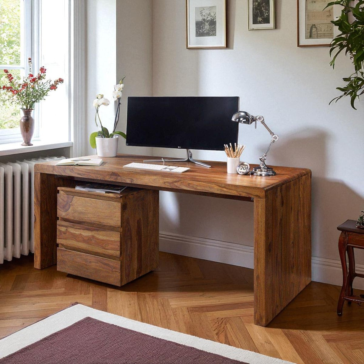 Avain Solid Wood Large Study Table In Natural Teak For Study Room Furniture