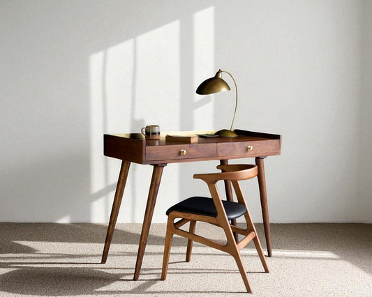 Wooden desk with a chair in a minimalistic room