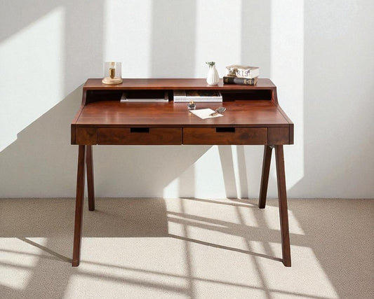 Wooden desk with minimal decor in a bright room