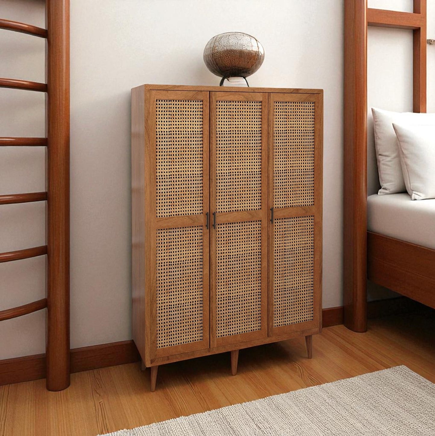 Solid Wood Rattan Cane 3 Door Wardrobe In Neutral Teak Finish