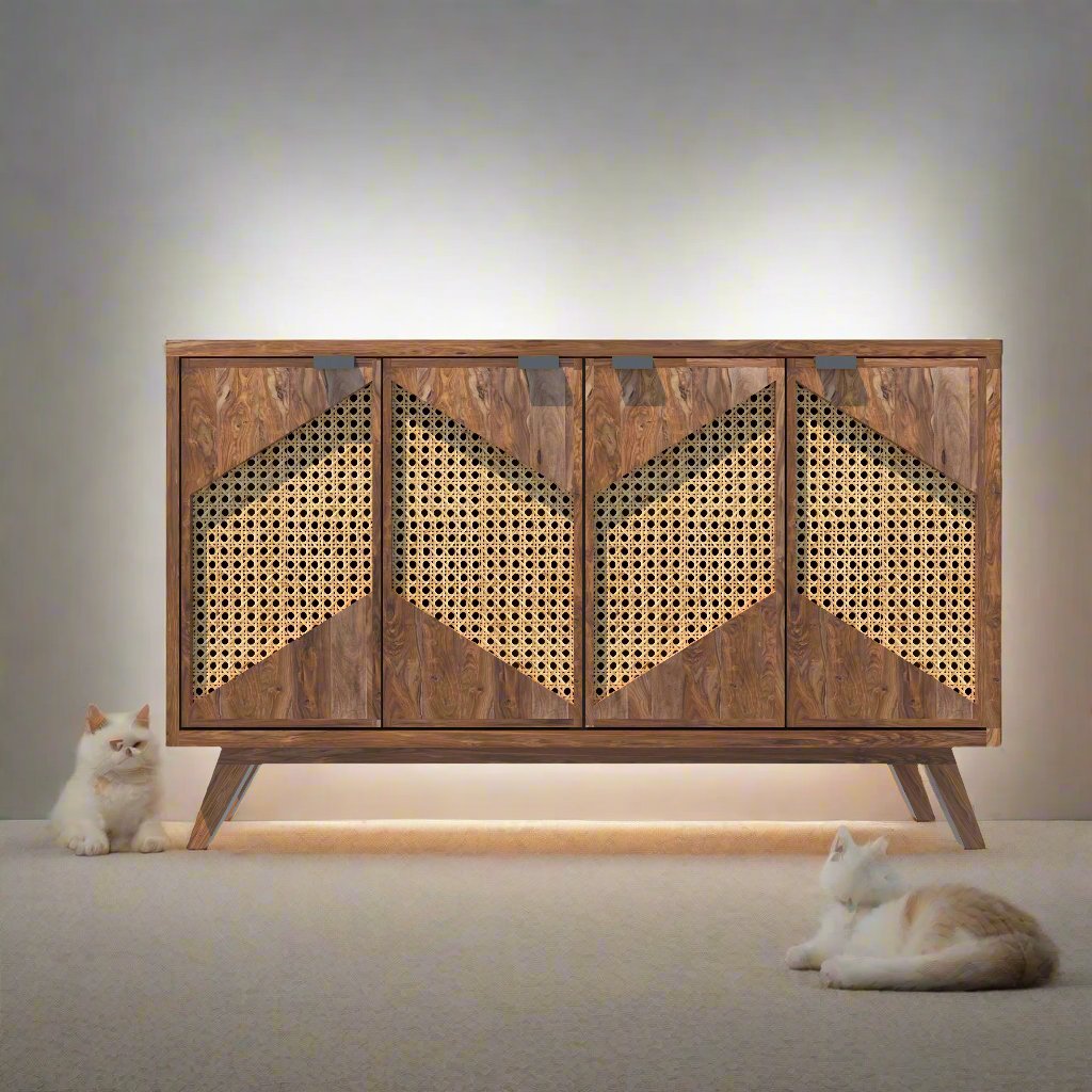 Canving Solid Wood Sheesham Wood 4 Door Sideboard In Natural Teak Finish For Living Room Furniture