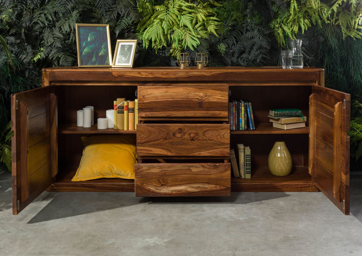 Segure Solid Wood Sheesham Wood 3 Drawers 2 Door Sideboard In Natural Finish For Living Room Furniture