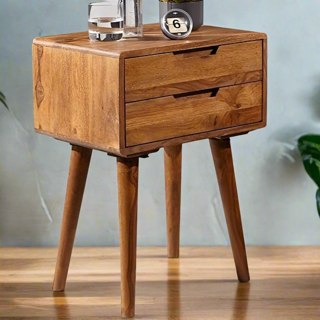 Timbe Task Sheesham Wood Bed Side 2Drawers In Natural Teak For BedRoom Furniture