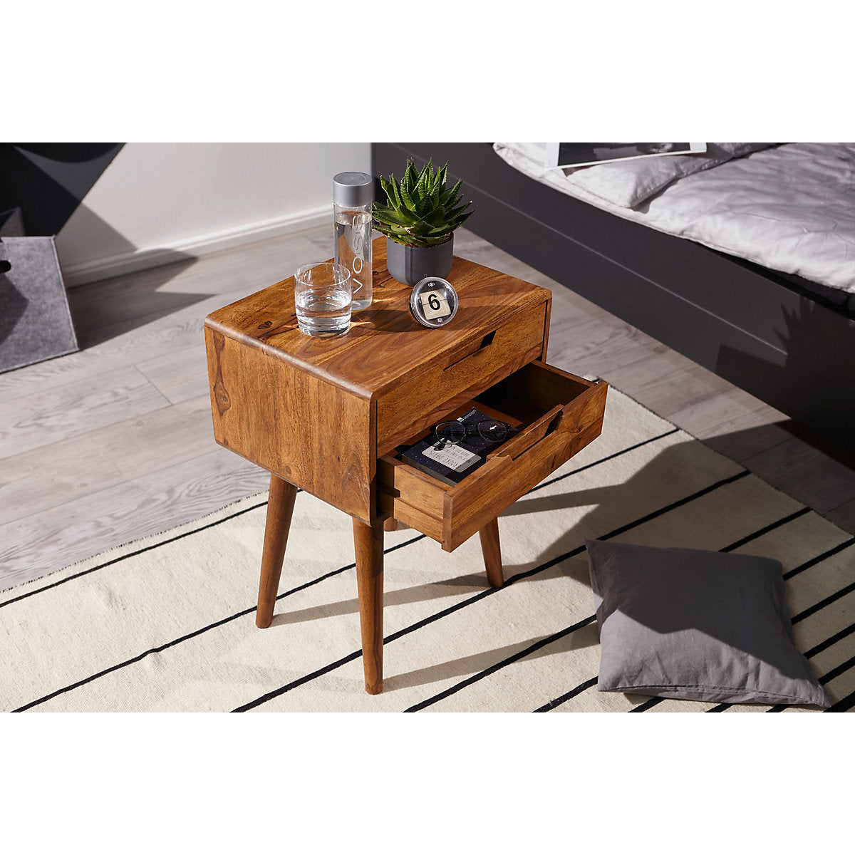 Timbe Task Sheesham Wood Bed Side 2Drawers In Natural Teak For BedRoom Furniture