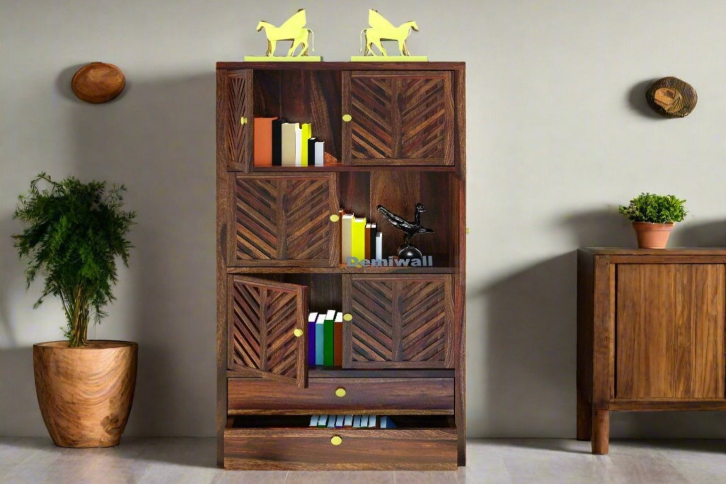 Carve Solid Wood Book Shelf in Provincial Teak Finish