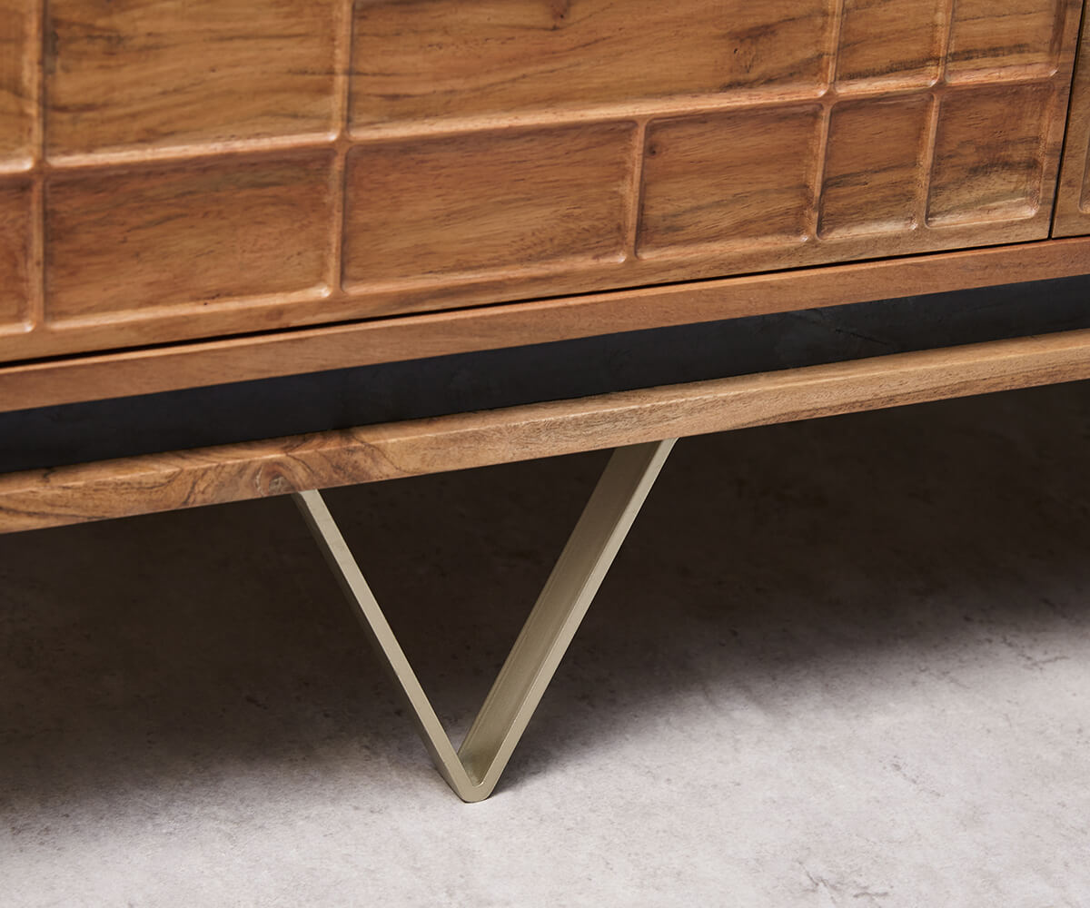 TV unit with four doors made of solid sheesham wood and iron