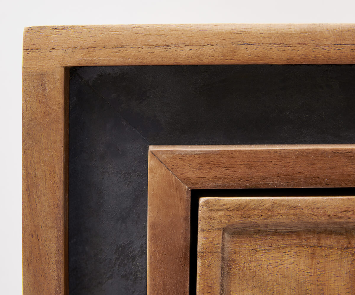 TV unit with four doors made of solid sheesham wood and iron