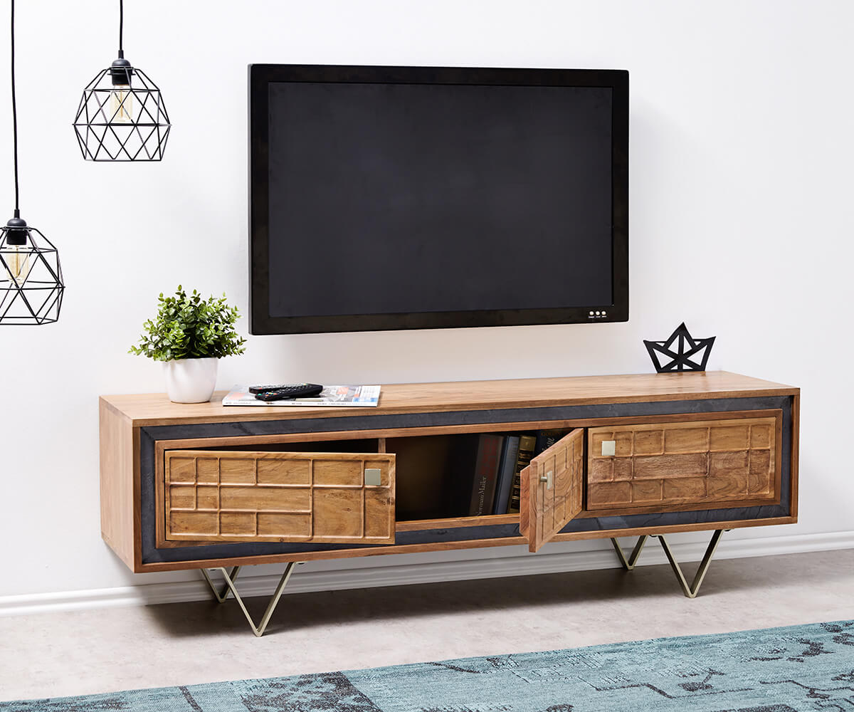 TV unit with four doors made of solid sheesham wood and iron
