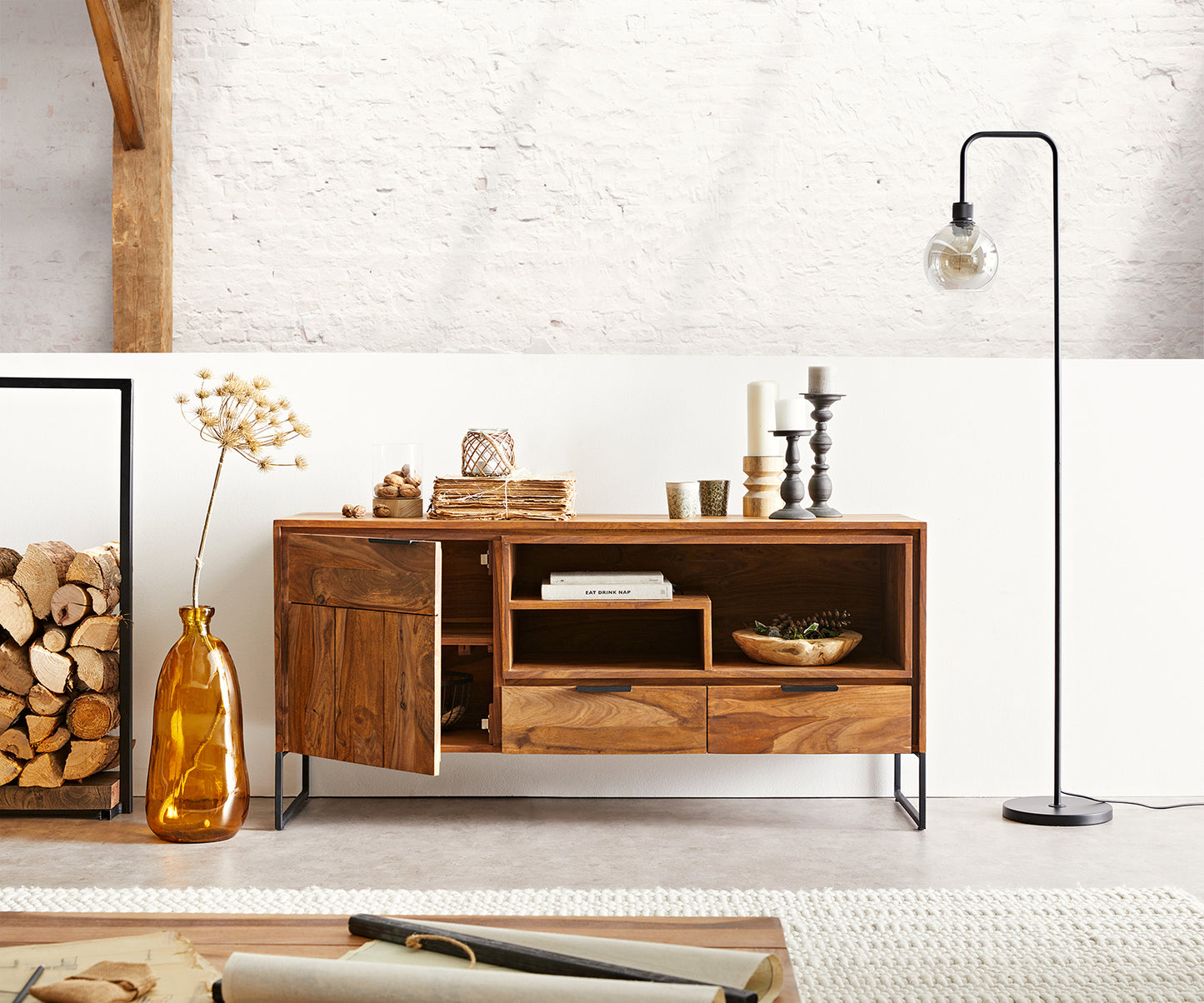 Sideboard with 2 drawers and two doors made of solid sheesham wood and iron