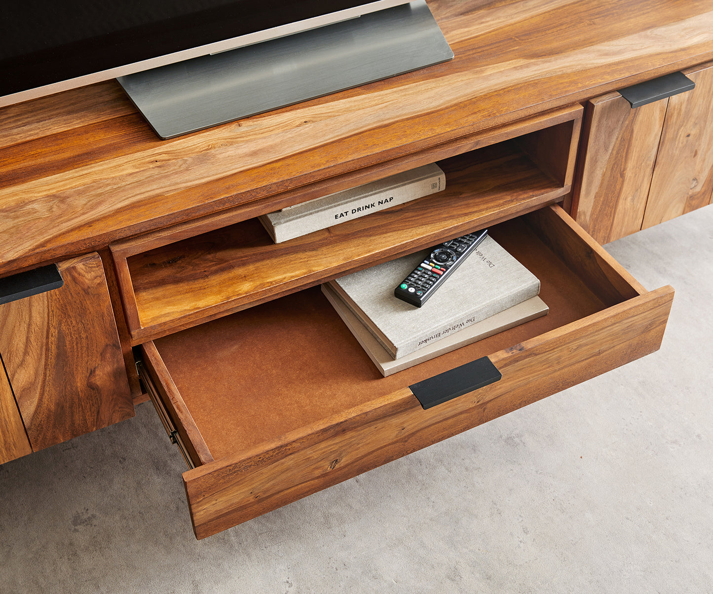 TV unit with two doors and one drawer made of solid Sheesham wood