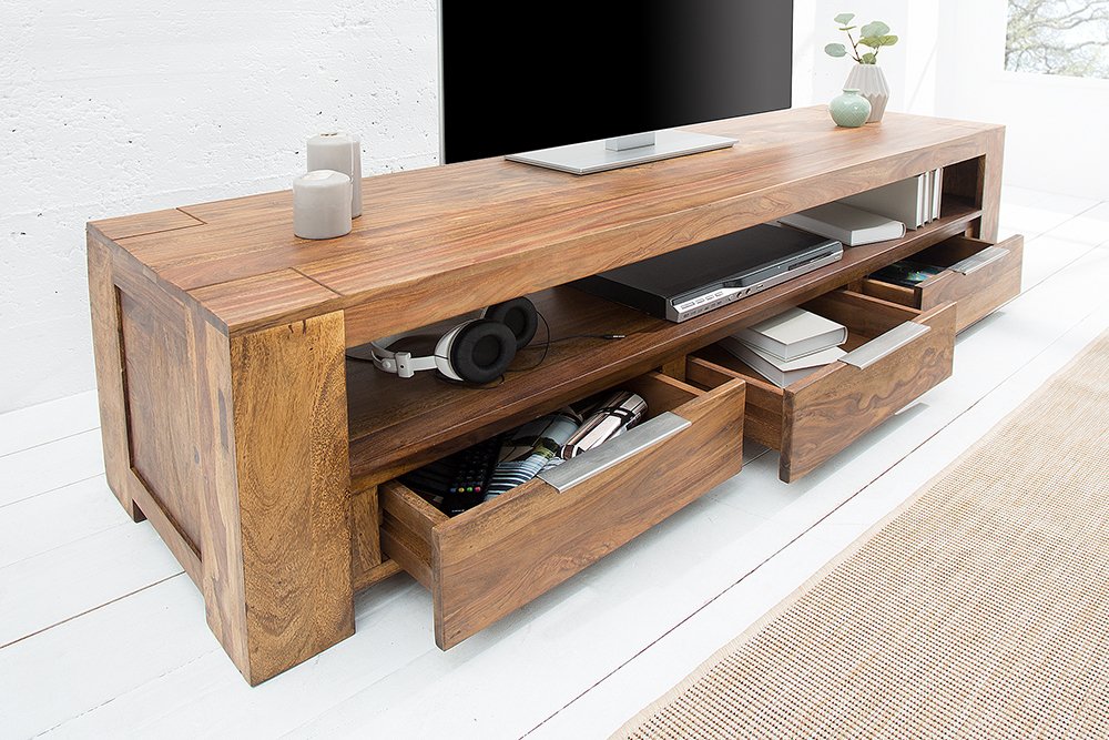 Reto Sheesham Wood Three Drawer & One Shelf Large Media Unit #003