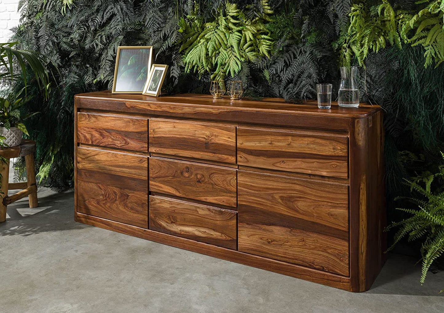 Segure Solid Wood Sheesham Wood 3 Drawers 2 Door Sideboard In Natural Finish For Living Room Furniture