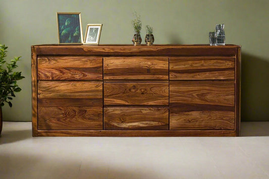 Segure Solid Wood Sheesham Wood 3 Drawers 2 Door Sideboard In Natural Finish For Living Room Furniture