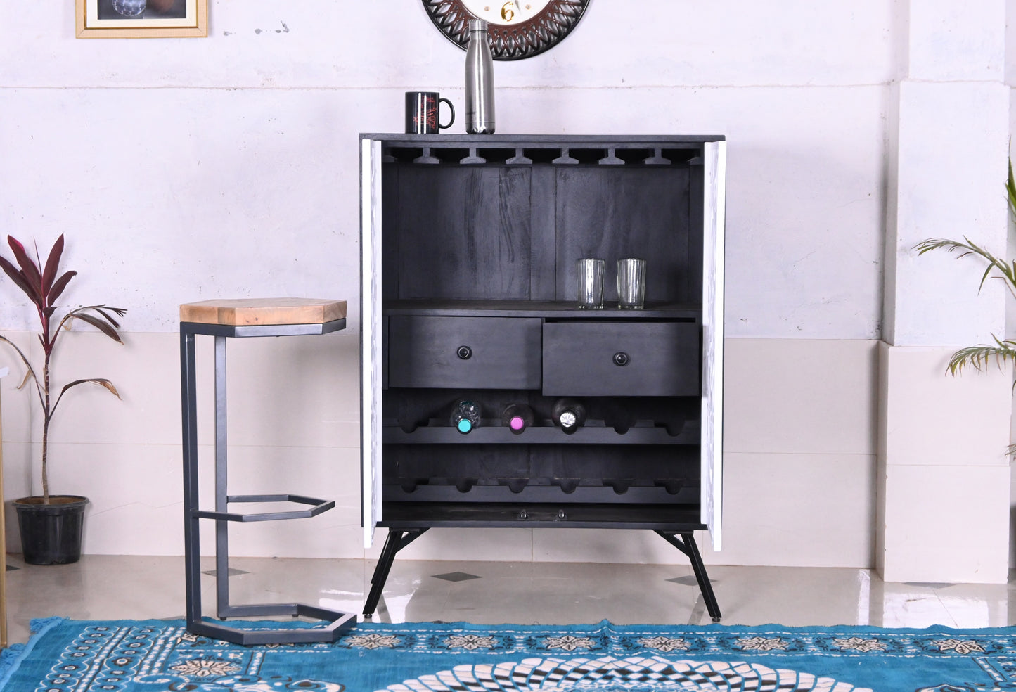 Segure Solid Mango Wood Bar-Cabinet In White & Black Finish For Bar Room