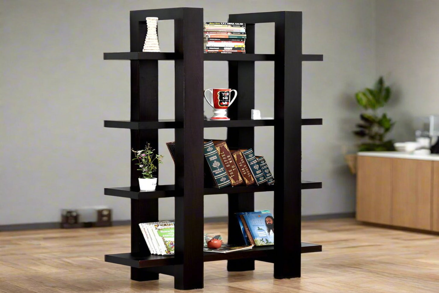 Liv Solid Mango Wood Bookcase 4 Shelf In Z-Black Finish