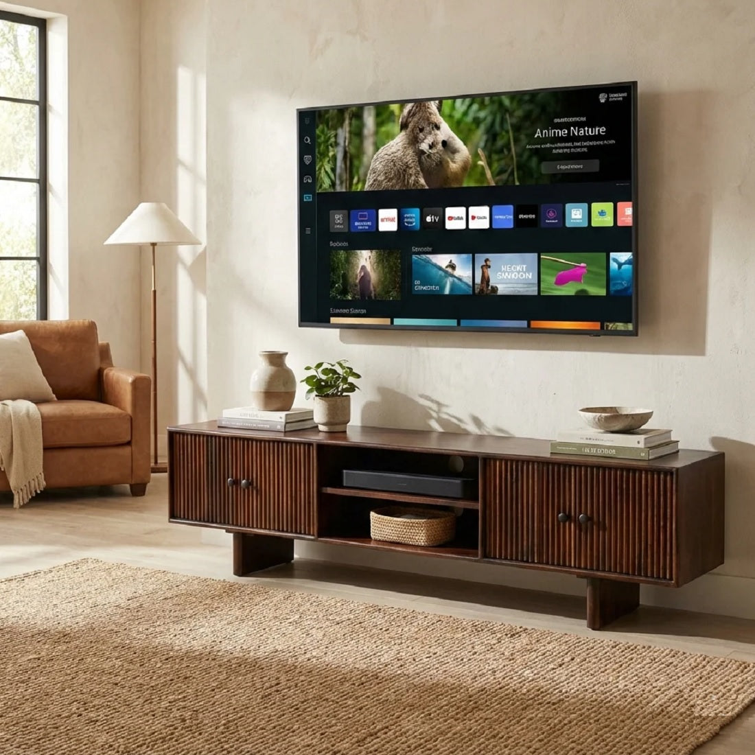 Solid Wood 4 Door Tv Cabinet For Living Room