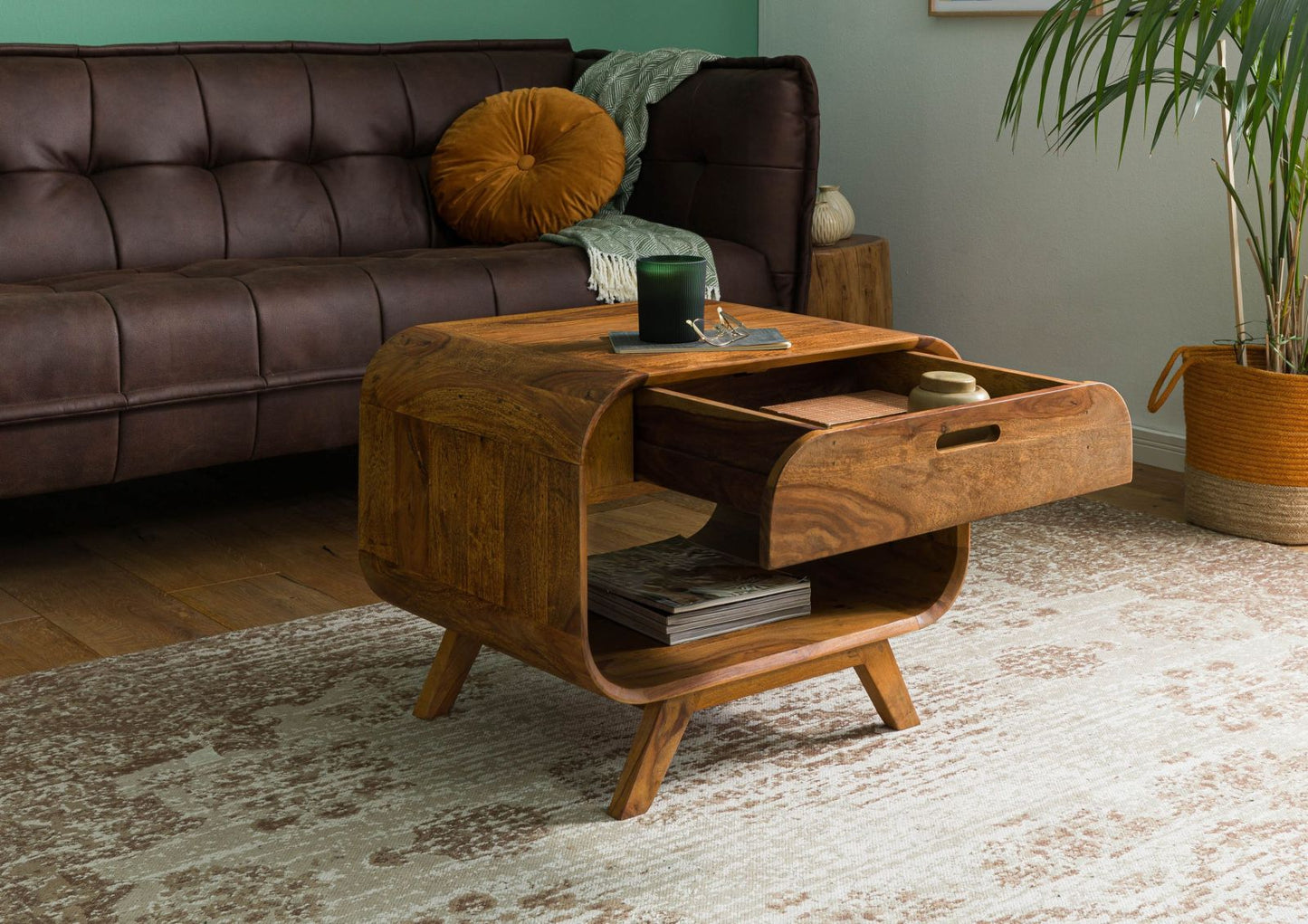 Zara Solid Mango Wood  Drawer with Shelf Coffee Table In Provincial Teak Finish #013