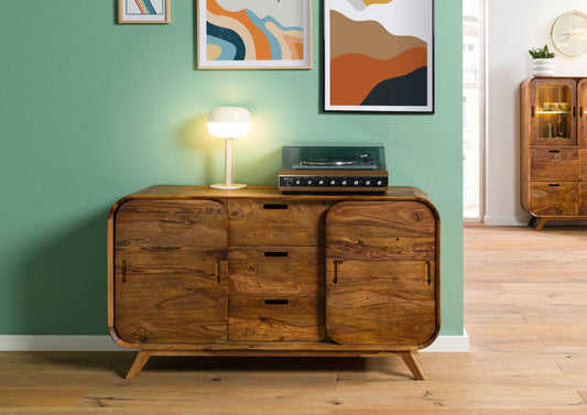 Zara Solid Mango Wood Two Door With Three Drawer Storage Sideboard In Provincial Teak Finish