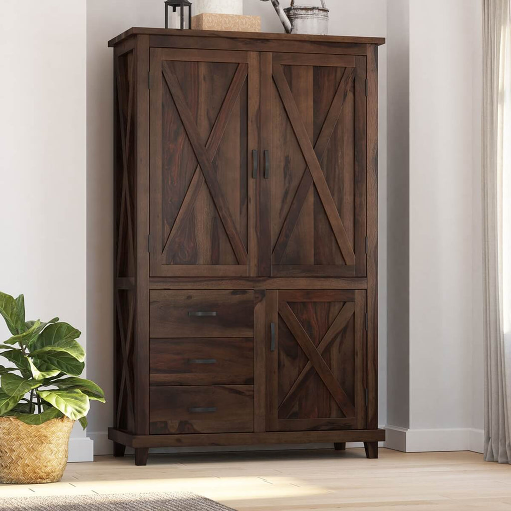 Royal Palace Wardrobe Solid Sheesham Wood Three Door With Three  Drawers In Walnut Finish For Bedroom Furniture