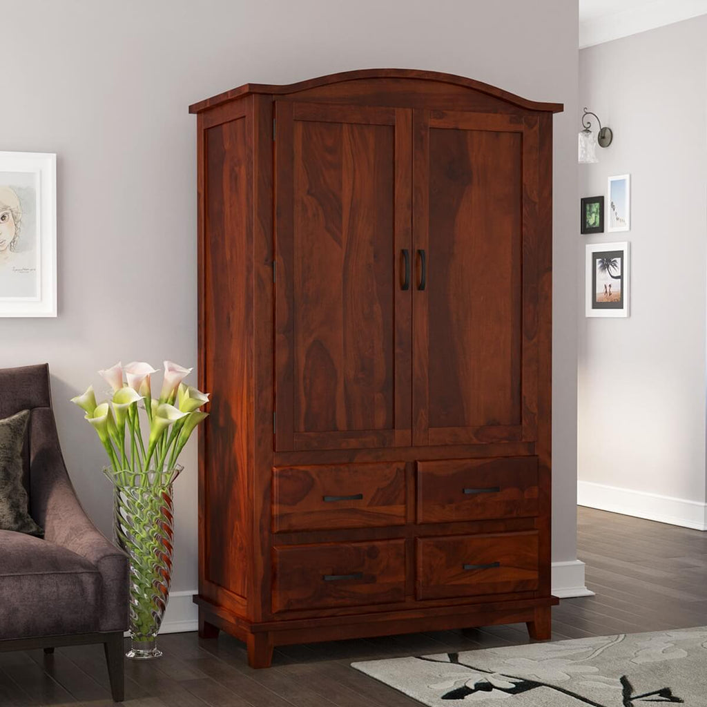 Royal Palace Wardrobe Solid Sheesham Wood Two Door With Four Drawers Drawers In Honey Oak Finish For Bedroom Furniture