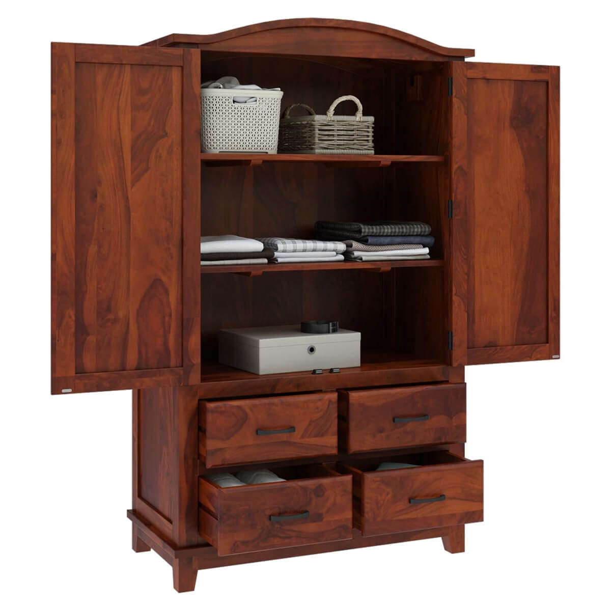 Royal Palace Wardrobe Solid Sheesham Wood Two Door With Four Drawers Drawers In Honey Oak Finish For Bedroom Furniture