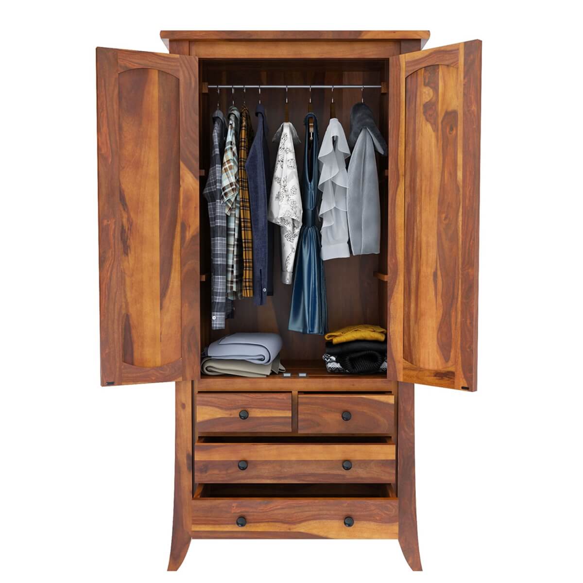 Royal Palace Wardrobe Solid Sheesham Wood Two Door With Four Drawers Drawers In Natural Finish For Bedroom Furniture