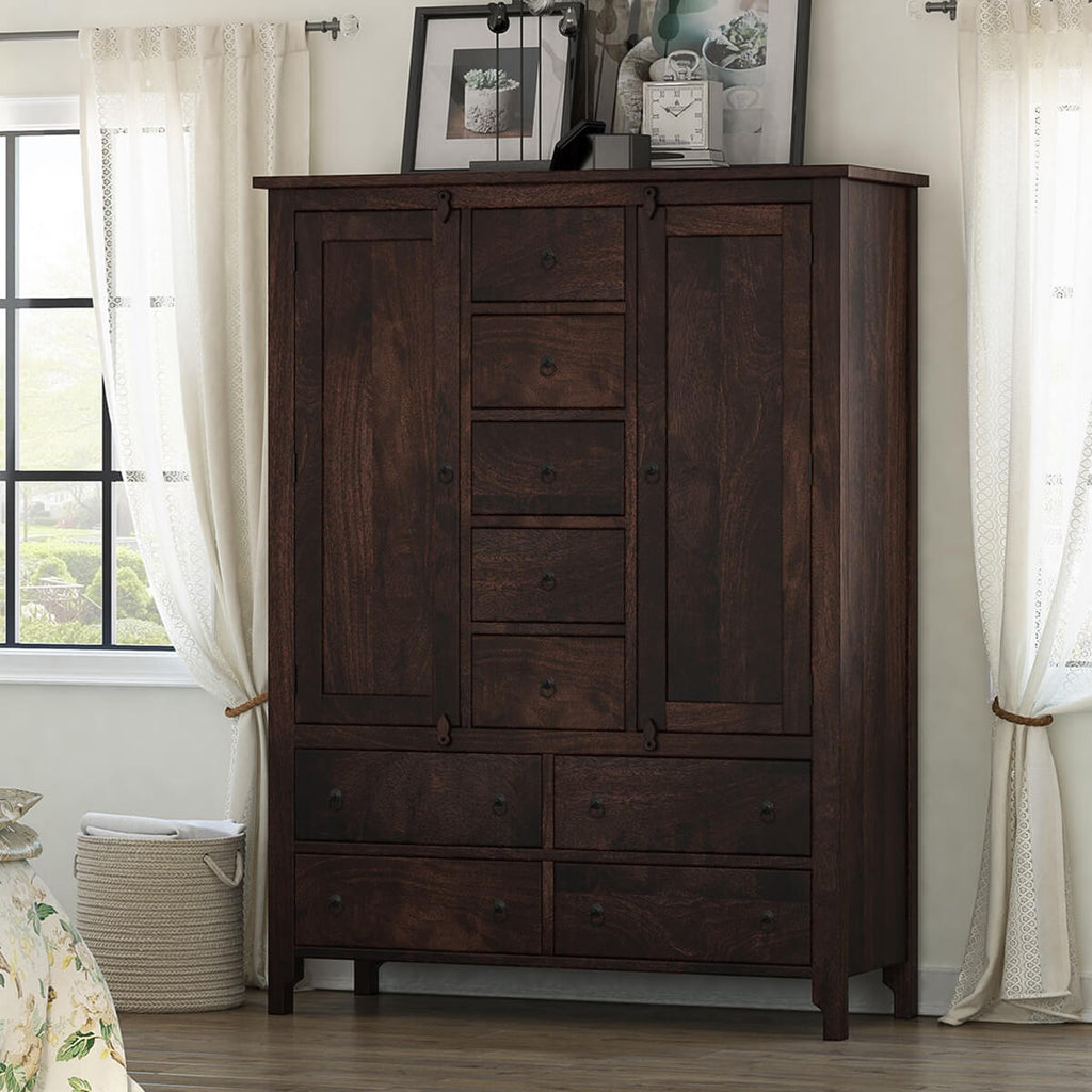 Royal Palace Wardrobe Solid Sheesham Wood Two Door With Nine Drawers Drawers In Honey Oak Finish For Bedroom Furniture