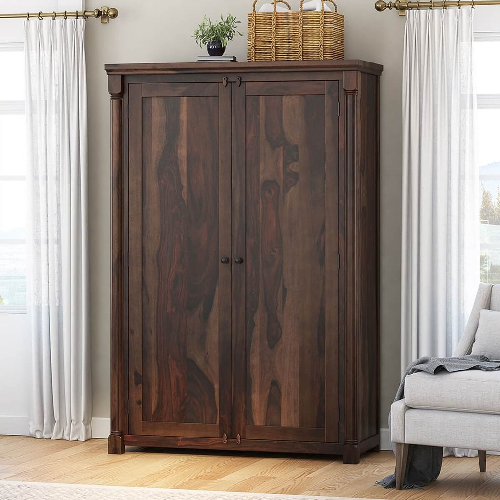Royal Palace Wardrobe Solid Sheesham Wood Two Door With Four Drawers Drawers In Walnut  Finish For Bedroom Furniture