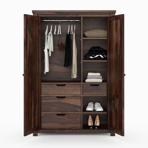 Royal Palace Wardrobe Solid Sheesham Wood Two Door With Four Drawers Drawers In Walnut  Finish For Bedroom Furniture