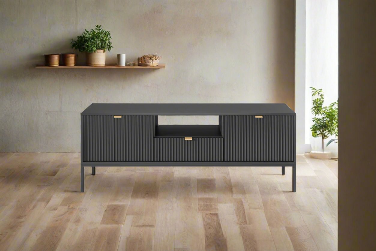 Liv Mango Wood 3 Drawers With Open Self Matt Black TV-Unit For Living Room New Desi Demiwall