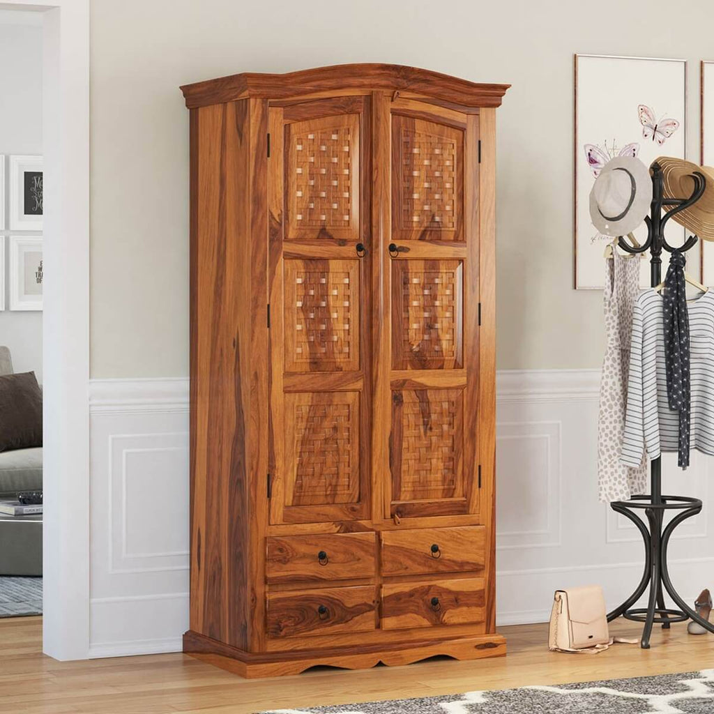 Royal Palace Wardrobe Solid Sheesham Wood Two Door Four Drawers In Natural Finish For Bedroom Furniture
