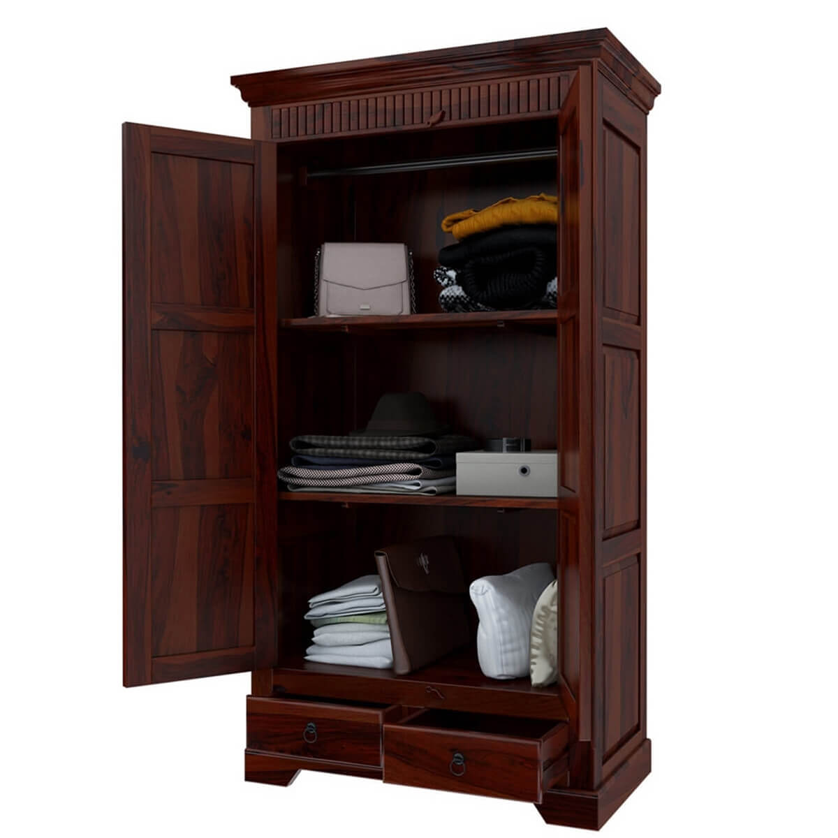 Royal Palace Wardrobe Solid Sheesham Wood Two Door Four Drawers In Walnut Finish For Bedroom Furniture