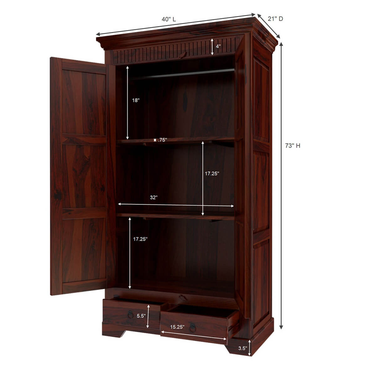 Royal Palace Wardrobe Solid Sheesham Wood Two Door Four Drawers In Walnut Finish For Bedroom Furniture