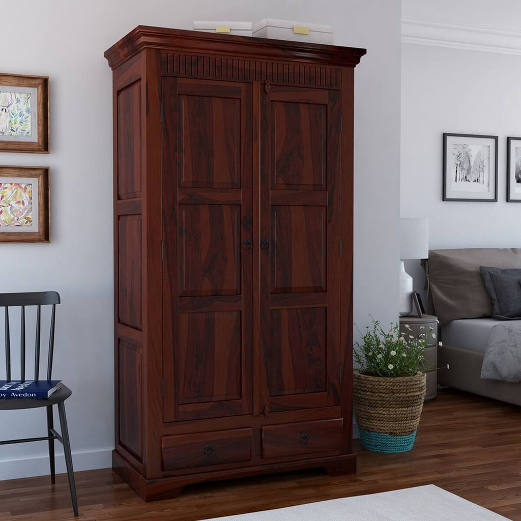 Royal Palace Wardrobe Solid Sheesham Wood Two Door Four Drawers In Walnut Finish For Bedroom Furniture