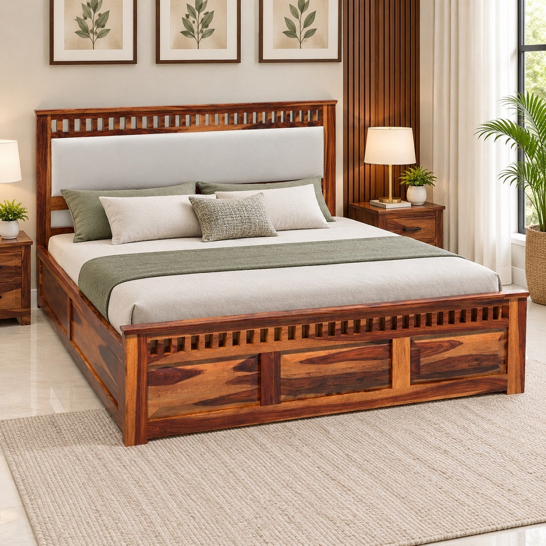 Homerange Solid Wood King Size Bed with Box Storage, Upholstered Headboard , Teak Finish , Fabric D151