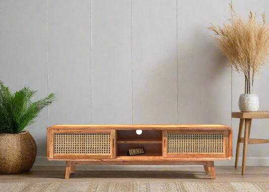 Eon Acacia Solid Wood Two Door Two Open Self Tv Cabinet In Netural Oak Finish