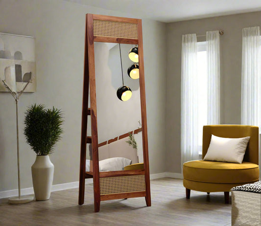 Rattan cane  Solid Wood Mirror In Provincial Teak Finish For Living Room Furniture