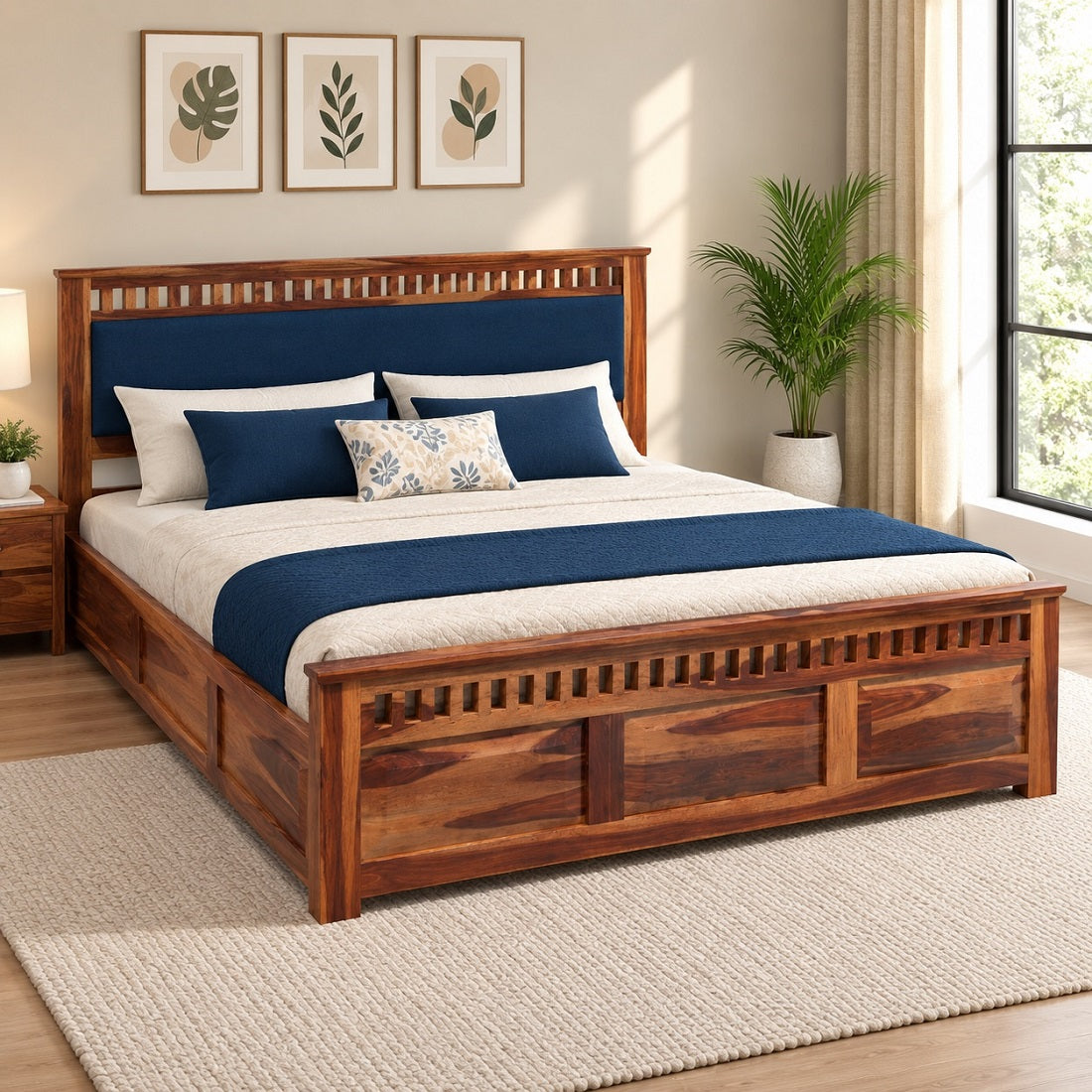 Homerange Solid Wood King Size Bed with Box Storage, Upholstered Headboard , Teak Finish , Fabric D152