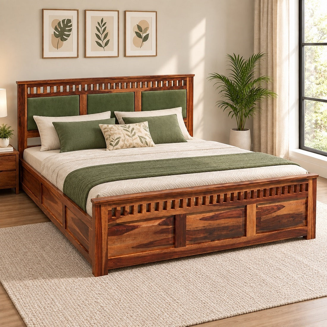 Homerange Solid Wood King Size Bed with Box Storage, Upholstered Paneled Headboard , Teak Finish , Fabric D150