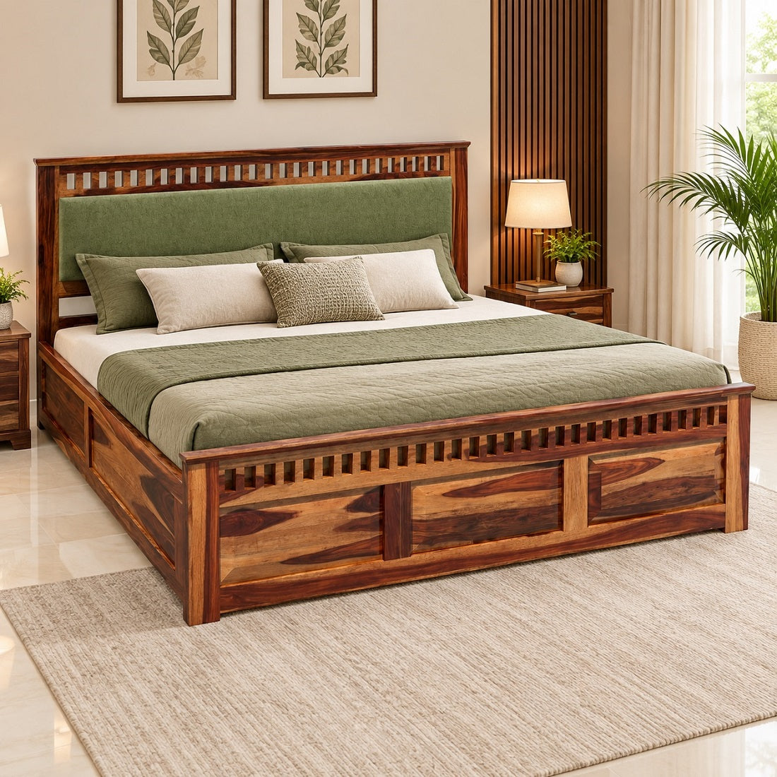 Homerange Solid Wood King Size Bed with Box Storage, Upholstered Headboard , Teak Finish , Fabric D150