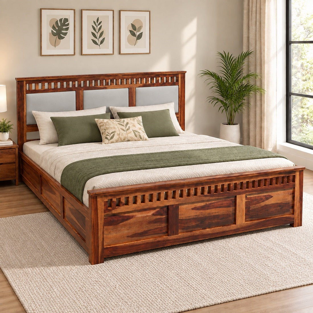 Homerange Solid Wood King Size Bed with Box Storage, Upholstered Paneled Headboard , Teak Finish , Fabric D151