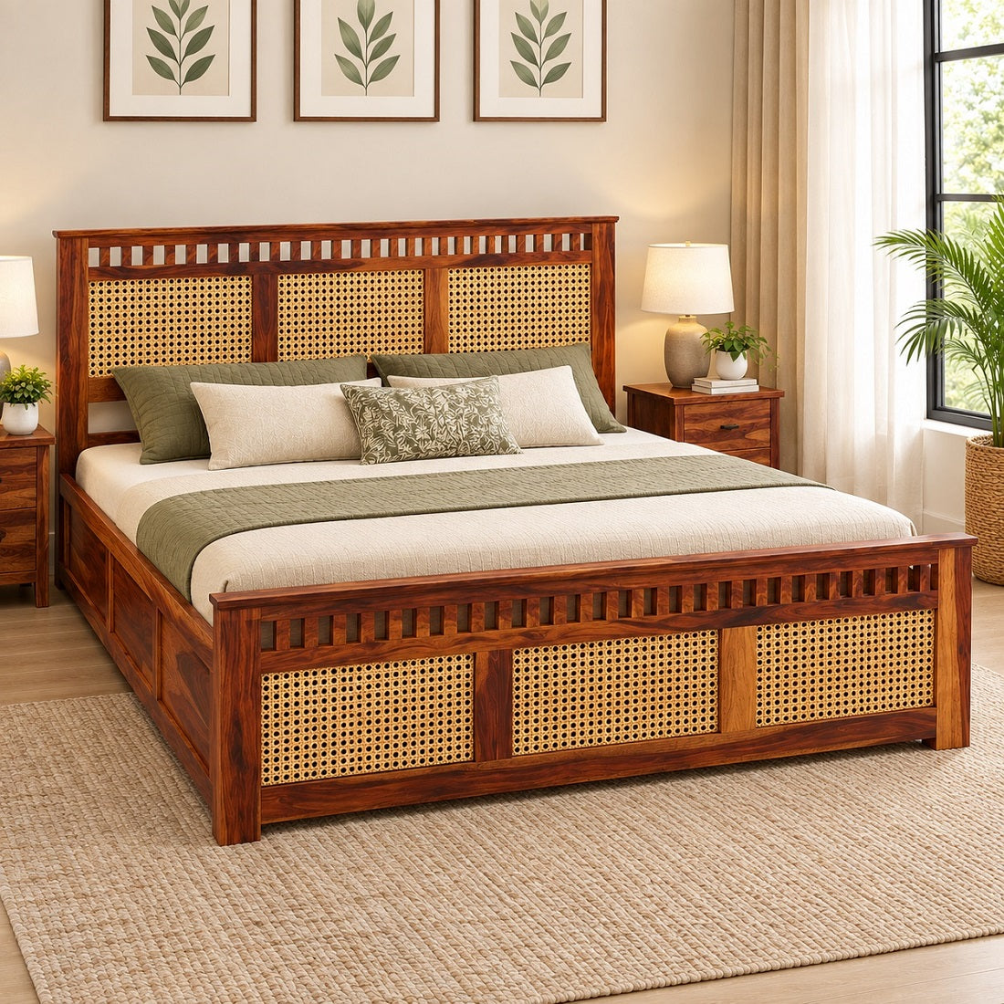 Homerange Solid Wood King Size Bed with Box Storage, Caning Design Headboard , Teak Finish