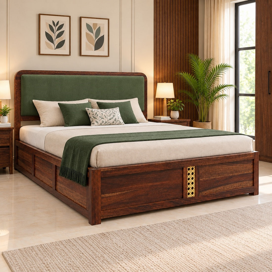 Solid Wood King Size Bed With Hydraulic Storage Upholstered Headboard Teak Finish Fabric D150