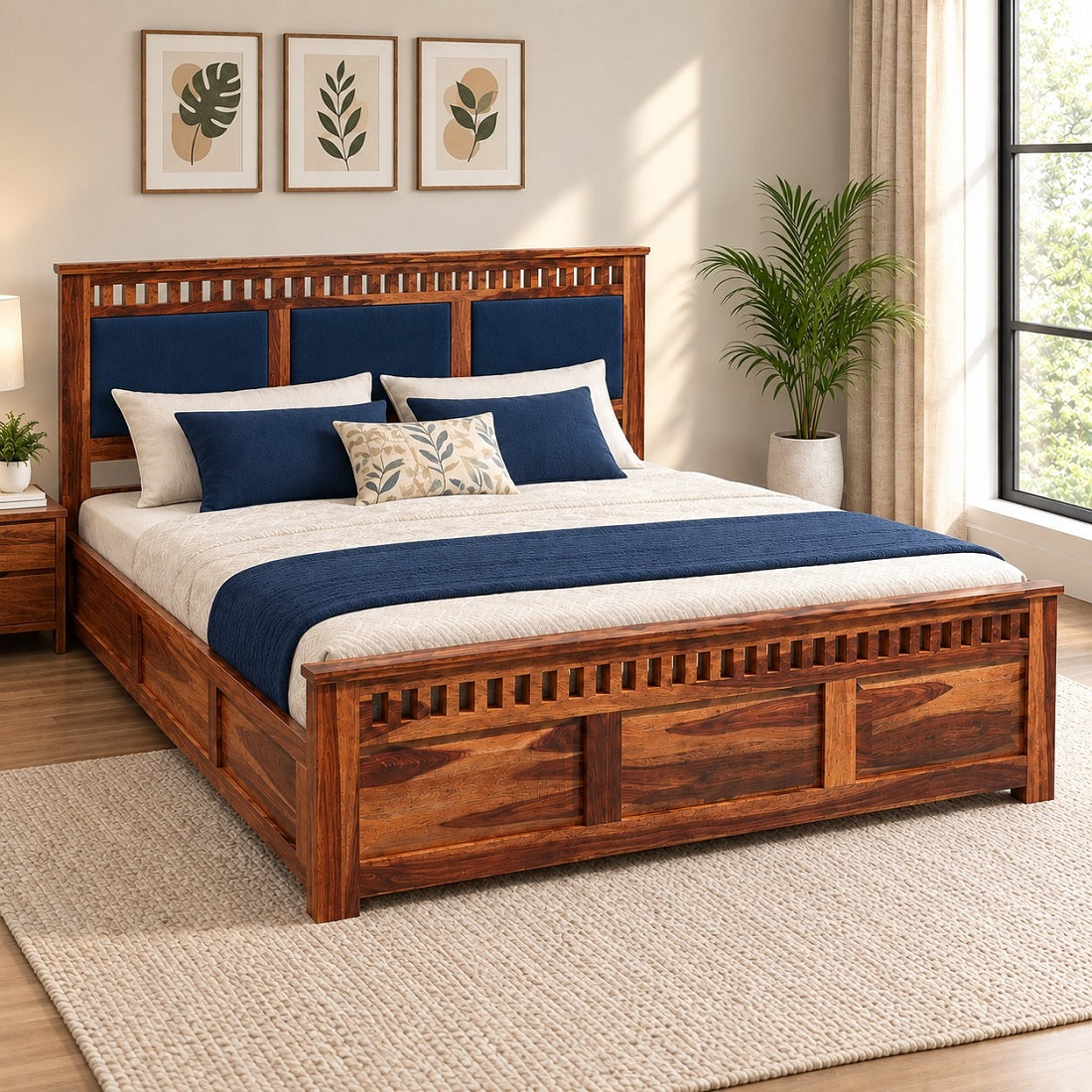 Homerange Solid Wood King Size Bed with Box Storage, Upholstered Paneled Headboard , Teak Finish , Fabric D152