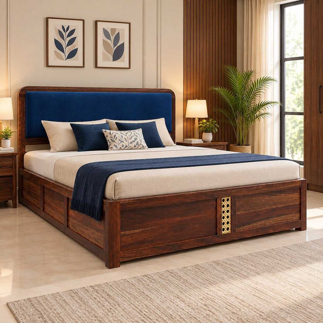 Solid Wood King Size Bed With Hydraulic Storage Upholstered Headboard Teak Finish Fabric D152