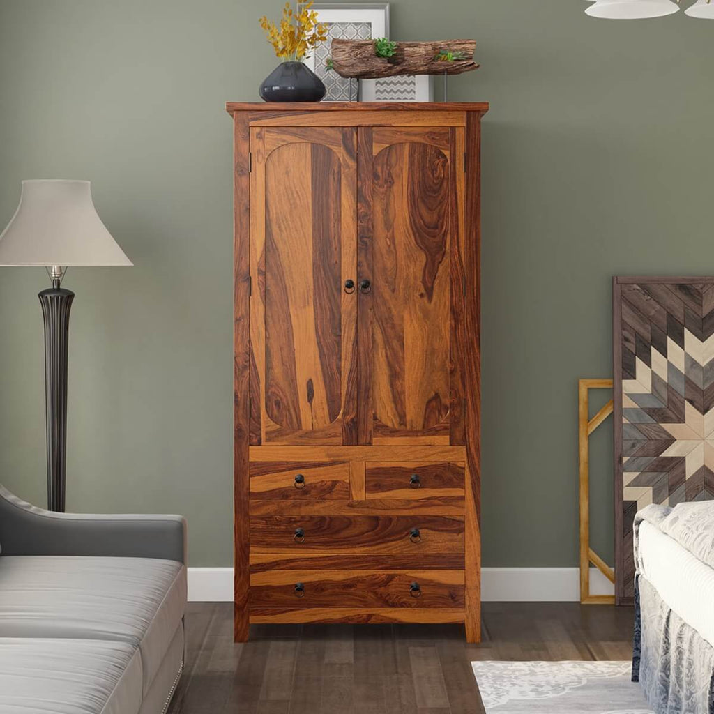 Royal Palace Wardrobe Solid Sheesham Wood Two Door Five Drawers In Natural Finish For Bedroom Furniture