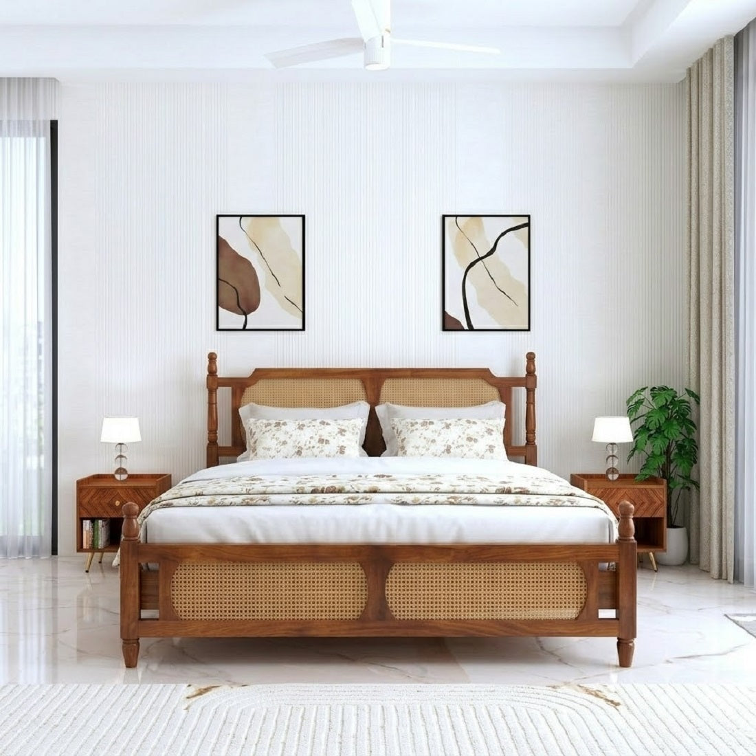 Solid Wood King Bed Cane Designed Headboard For Bedroom
