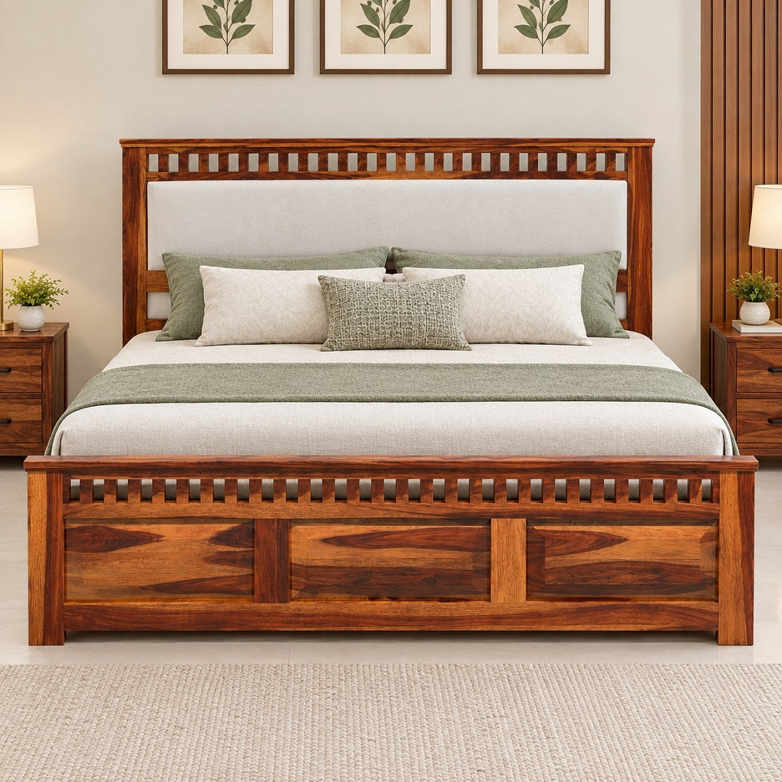Homerange Solid Wood King Size Bed with Box Storage, Upholstered Headboard , Teak Finish , Fabric D151